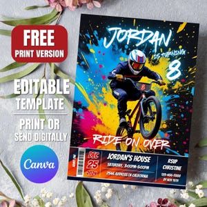以下が含まれることがあります： BMXライダーとカラフルなペイントスプラッシュが特徴の誕生日パーティーの招待状。「Jordan is turning 8」と「Ride on Over」のテキストが含まれています。日付、時間、場所、RSVPの詳細も含まれています。