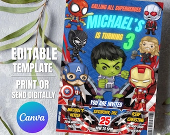 Super Hero Birthday Invitation Editable, Instant Download