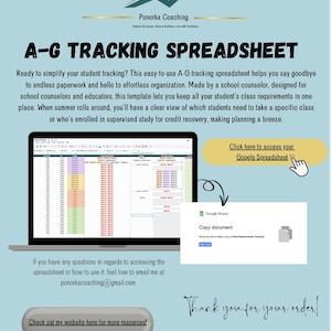 May include: A-G Tracking Spreadsheet graphic with the text "Ponorka Coaching." The image includes a laptop displaying a spreadsheet, a Google Sheets icon, and a call to action to access the Google Spreadsheet.
