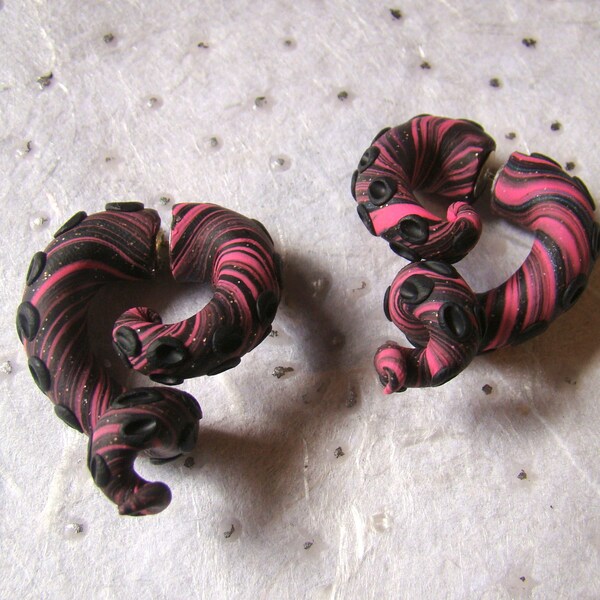 Pink and Black GlitterTentacle Fake Gauged Earring - Black -White - Stripe -Earring