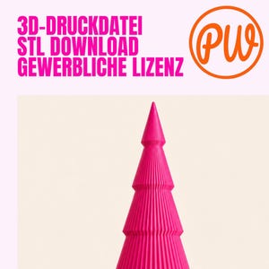 May include: A bright pink, conical, 3D-printed tree sculpture with a vertically ribbed, pleated texture. The text at the top reads 3D-DRUCKDATEI STL DOWNLOAD GEWERBLICHE LIZENZ and includes a circular logo with the letters PW inside.