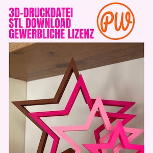Può includere: Tre cornici a forma di stella annidate in marrone, magenta e rosa chiaro. Il testo in alto recita 3D-DRUCKDATEI STL DOWNLOAD GEWERBLICHE LIZENZ con un logo circolare arancione contenente le lettere PW nell'angolo in alto a destra.
