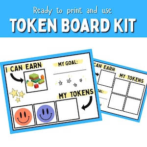 May include: A token board kit featuring two white rectangular cards with blue borders. The cards include sections labeled I CAN EARN, MY GOAL, and MY TOKENS, with black arrows, star illustrations, and colorful smiley face tokens included.