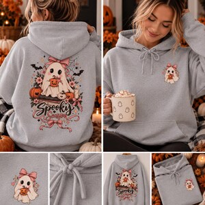 Spooky Season Hoodie Damen | Girly Halloween Pullover mit Geist & Kürbis | Halloween Hoodie Herbst | Cute Ghost Sweater