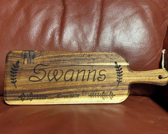 Family Name Acacia Wood Charcuterie Board, Engraved Kitchen Decor
