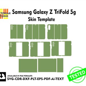 Puede incluir: Una plantilla de piel verde para el Samsung Galaxy Z TriFold 5g. La plantilla incluye varios recortes para los componentes del teléfono. La imagen también presenta el logotipo de Vectorjar Studio, el texto "Skin Template" y la palabra "TESTED" en un círculo verde.