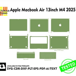 以下が含まれることがあります： 緑と白のApple Macbook Air 13インチ M4 2025のラップトップスキンテンプレート。テンプレートには、上部、下部、キーボードのスキンの3つが含まれています。テンプレートは、SVG、CDR、DXF、PLT、EPS、PDF、Ai、TEXT形式で入手できます。