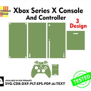 May include: A digital design template for a green Xbox Series X console and controller. The design includes three separate pieces for the console and controller. The text "3 Design" is visible in the image.