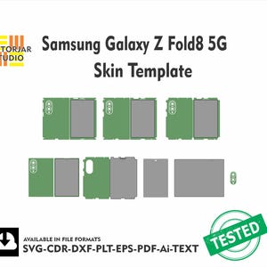 以下が含まれることがあります： Samsung Galaxy Z Fold8 5G用のデジタルスキンテンプレート。デバイスコンポーネントの緑と灰色のベクターアウトラインが特徴です。テキストには、Samsung Galaxy Z Fold8 5G Skin Template、Vectorjar Studio、およびAvailable in file formats SVG-CDR-DXF-PLT-EPS-PDF-Ai-TEXTと記載されています。