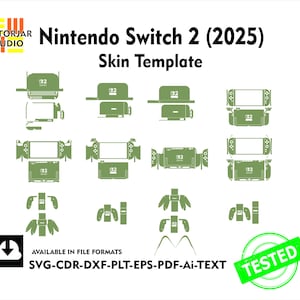 Könnte beinhalten: Eine grüne Skin-Vorlage für die Nintendo Switch 2 (2025) Konsole. Das Bild zeigt verschiedene Ausschnittdesigns für die Konsole und Controller, mit dem Text "Nintendo Switch 2 (2025) Skin Template" und Dateiformatoptionen.