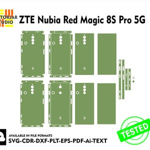 May include: A digital design for a ZTE Nubia Red Magic 8S Pro 5G phone skin in shades of green. The design includes cutouts for the camera and other phone features. The image also includes the text "TESTED" and file format options.