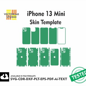 Puede incluir: Una plantilla digital para una funda de iPhone 13 Mini con contornos verdes de componentes, incluyendo paneles traseros, laterales y frontales. El texto dice Vectorjar Studio, iPhone 13 Mini Skin Template, y Available in file formats SVG-CDR-DXF-PLT-EPS-PDF-Ai-TEXT.