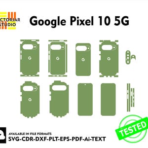 May include: Green cut-out templates for a Google Pixel 10 5G phone, featuring various design elements. The image includes the text "Google Pixel 10 5G" and "TESTED" in a green circle. The Vectorjar Studio logo is in the upper left corner.