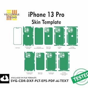 Puede incluir: Plantilla de skin para iPhone 13 Pro con varios contornos vectoriales verdes para la cobertura del teléfono. Incluye etiquetas como Full Wrap Back, Back Only y Full Front. El texto dice Vectorjar Studio, iPhone 13 Pro Skin Template y formatos SVG-CDR-DXF-PLT-EPS-PDF-Ai-TEXT.