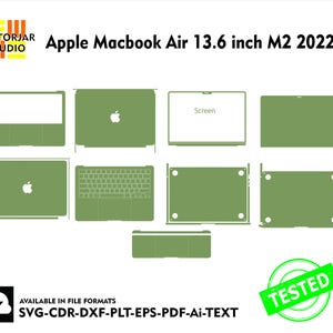 以下が含まれることがあります： Apple Macbook Air 13.6 インチ M2 2022 の緑色のアウトライン。アウトラインは、画面、キーボード、トラックパッド、およびラップトップの下部を示しています。画面には「Screen」というテキストが表示されています。