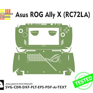 Könnte beinhalten: Grün-schwarze Vinyl-Skin-Folie für die Handheld-Gaming-Konsole Asus ROG Ally X (RC72LA). Der Aufkleber zeigt ein stilisiertes ROG-Logo und ein geometrisches Muster.