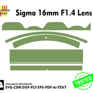 May include: A green and white illustration of a Sigma 16mm F1.4 lens. The illustration is a cut-away view of the lens, showing the internal components. The text "Sigma 16mm F1.4 Lens" is displayed above the illustration.