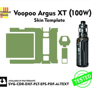 Puede incluir: Una plantilla de piel para el mod vape Voopoo Argus XT 100W. La plantilla es de color verde y muestra las diferentes partes del mod que se pueden personalizar. La plantilla está disponible en los formatos SVG, CDR, DXF, PLT, EPS, PDF, AI y TEXT.