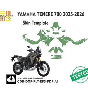 May include: A digital skin template for a Yamaha Tenere 700 2025-2026 motorcycle, featuring green vector outlines of body panels, a full motorcycle illustration, the Vectorjar Studio logo, and text indicating available file formats CDR, DXF, PLT, EPS, PDF, and Ai.