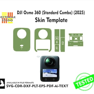 Puede incluir: Una plantilla de piel verde para una cámara DJI Osmo 360, con recortes para el dispositivo. La imagen incluye la cámara, un logotipo y el texto "DJ Osmo 360 (Standard Combo) (2025) Skin Template". La palabra "TESTED" también es visible.