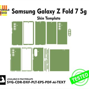 May include: A green skin template for the Samsung Galaxy Z Fold 7 5g. The template includes various cutouts for the phone's components. The image also includes the text "Samsung Galaxy Z Fold 7 5g Skin Template" and "Available in file formats SVG-CDR-DXF-PLT-EPS-PDF-Ai-TEXT".