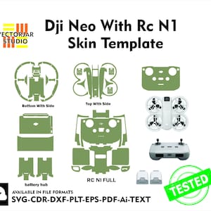 Peut inclure: Sur fond blanc, un modèle de peau vert pour drone DJI Neo et contrôleur RC N1. Le modèle comprend des découpes pour le corps du drone, le dessus, le dessous, le hub de batterie et le contrôleur. Le texte comprend "Dji Neo With Rc N1 Skin Template".