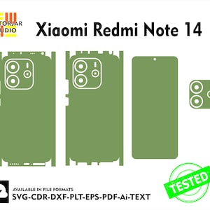 Puede incluir: Una plantilla de protector de pantalla de teléfono verde para el Xiaomi Redmi Note 14. La plantilla incluye recortes para la cámara y otras funciones. La plantilla está disponible en los formatos SVG, CDR, DXF, PLT, EPS, PDF y Ai.