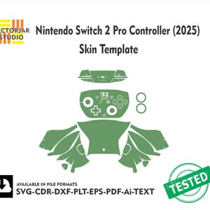 May include: Green skin template for a Nintendo Switch 2 Pro Controller (2025). The template includes the controller's main body, buttons, and additional components. The image also features the Vectorjar Studio logo and text indicating available file formats.