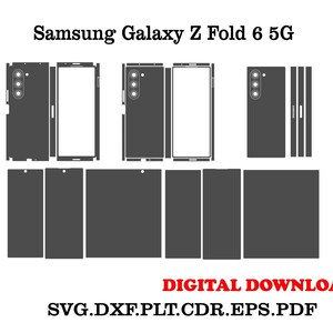 以下が含まれることがあります： Samsung Galaxy Z Fold 6 5G の携帯電話ケーステンプレートのデジタルダウンロード。テンプレートはグレーで表示され、電話の前面、背面、側面のパネルが含まれています。テキスト「デジタルダウンロード」は画像の下部に赤色で表示されます。テキスト「SVG.DXF.PLT.CDR.EPS.PDF」は画像の下部に黒色で表示されます。