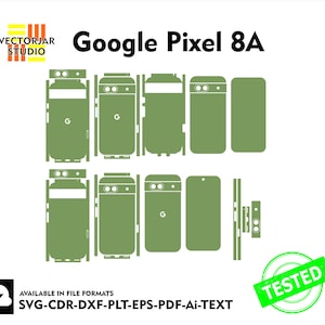 May include: A green and white Google Pixel 8A phone skin template. The template includes all the necessary pieces to cover the front, back, and sides of the phone. The template is available in SVG, CDR, DXF, PLT, EPS, PDF, and AI formats.