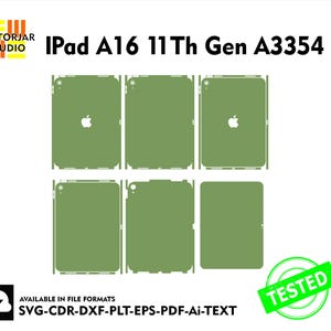 May include: An olive green iPad skin set for the iPad A16 11th Gen A3354. The image shows various cutouts for the device, including the Apple logo. The text "VECTORJAR STUDIO" and "TESTED" are also visible. Available in SVG, CDR, DXF, PLT, EPS, PDF, and Ai formats.