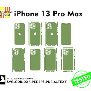 Puede incluir: Plantillas verde oliva para iPhone 13 Pro Max en varios estilos. La imagen incluye el texto "iPhone 13 Pro Max", "VECTORJAR STUDIO" y "TESTED". Disponibles en formatos SVG, CDR, DXF, PLT, EPS, PDF y Ai-TEXT.