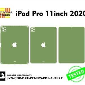 May include: Three green screen protectors for an iPad Pro 11 inch 2020. The screen protectors are shown on a white background. The text "iPad Pro 11inch 2020" is shown above the screen protectors. The text "AVAILABLE IN FILE FORMATS SVG-CDR-DXF-PLT-EPS-PDF-Ai-TEXT" is shown below the screen protectors. A green circle with the word "TESTED" in white is shown in the lower right corner of the image.