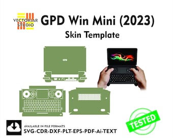 May include: A green and white template for a GPD Win Mini (2023) skin. The template includes a top, bottom, and side panels. The text "GPD Win Mini (2023)" and "Skin Template" is displayed in black text on a white background. The text "TESTED" is displayed in white text on a green circle.