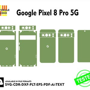 May include: A green Google Pixel 8 Pro 5G phone skin template with the Google logo. The template includes the front, back, and camera cutouts. The template is available in SVG, CDR, DXF, PLT, EPS, PDF, and Ai formats.