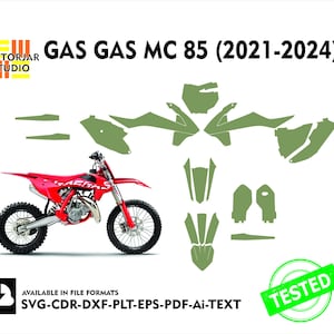 May include: A red and silver Gas Gas MC 85 motorbike with green decals. The image includes the text "GAS GAS MC 85 (2021-2024)" and "VECTORJAR STUDIO". Additional text states "AVAILABLE IN FILE FORMATS SVG-CDR-DXF-PLT-EPS-PDF-Ai-TEXT".