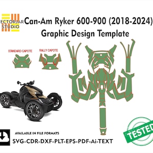 Könnte beinhalten: Grafikdesign-Vorlage für Can-Am Ryker 600-900 (2018-2024). Das Bild zeigt ein schwarz-goldenes dreirädriges Fahrzeug sowie grün-rote Designvorlagen für Standard- und Rallye-Capotes. Der Text enthält "GETESTET" und Dateiformatoptionen.