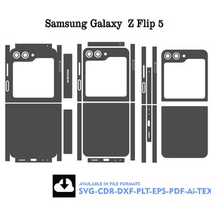 May include: A black and white outline of a Samsung Galaxy Z Flip 5 phone, showing the phone in its folded and unfolded positions. The outline includes the camera, hinge, and Samsung logo. The text "Samsung Galaxy Z Flip 5" is above the outline. The text "AVAILABLE IN FILE FORMATS" and "SVG-CDR-DXF-PLT-EPS-PDF-AI-TEXT" is below the outline.