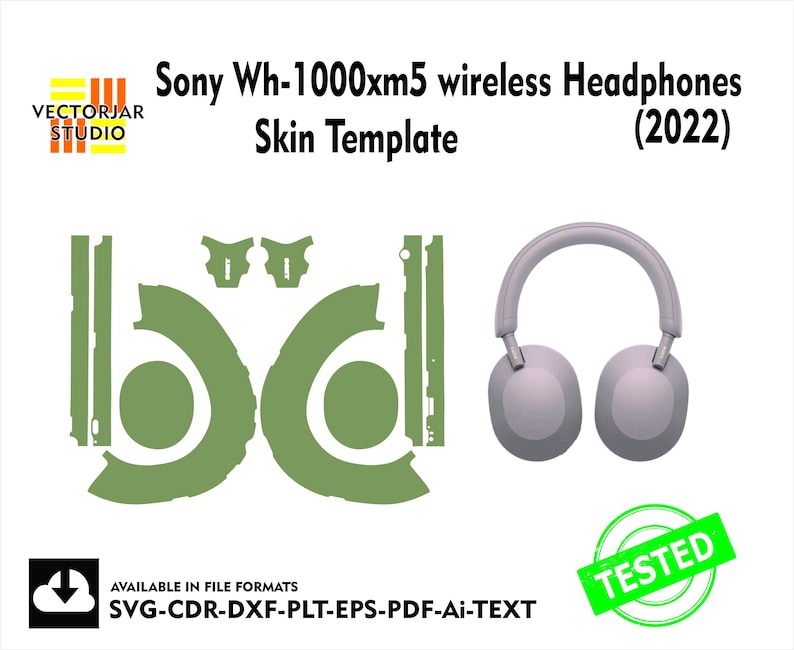 May include: A white background features a green skin template for Sony Wh-1000xm5 wireless headphones, along with a pair of gray headphones. Text includes "Sony Wh-1000xm5 wireless Headphones (2022) Skin Template" and "TESTED".
