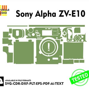 May include: A green and white outline of a Sony Alpha ZV-E10 camera. The outline is made up of individual pieces that can be cut out and used to create a stencil. The text "AVAILABLE IN FILE FORMATS SVG-CDR-DXF-PLT-EPS-PDF-Ai-TEXT" is at the bottom of the image.