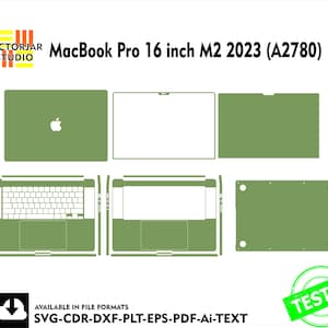 May include: A green and white digital device skin template for a 16 inch MacBook Pro. The template includes a top, bottom, and side skin designs. The text "MacBook Pro 16 inch M2 2023 (A2780)" is visible at the top of the image.