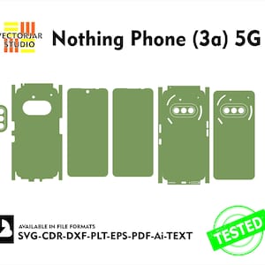 May include: Olive green Nothing Phone (3a) 5G skin templates in various cutouts. The image includes the text "Nothing Phone (3a) 5G" and "VECTORJAR STUDIO". File formats available are SVG, CDR, DXF, PLT, EPS, PDF, and AI-TEXT. A green "TESTED" stamp is also present.