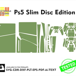 May include: A digital download of a green and white PlayStation 5 Slim Disc Edition console skin template. The template includes the console, controller, and other parts. The template is available in SVG, CDR, DXF, PLT, EPS, PDF, Ai, and TEXT formats. The image also includes the text "TESTED".
