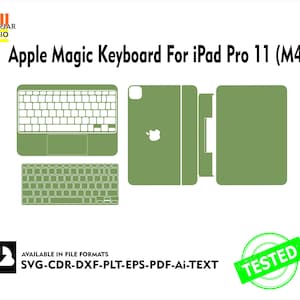 以下が含まれることがあります： iPad Pro 11 (M4) 用の緑色の Apple Magic Keyboard のベクターグラフィック。画像にはキーボード、カバー、Apple ロゴが含まれています。テキストには「VECTORJAR STUDIO」、「AVAILABLE IN FILE FORMATS」、「TESTED」が含まれています。