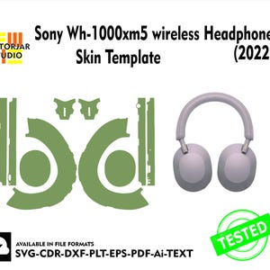 May include: A white background features a skin template for Sony Wh-1000xm5 wireless headphones. The template is olive green and includes cutouts for the headphones. A pair of gray headphones is shown next to the template. The text "Sony Wh-1000xm5 wireless Headphones (2022) Skin Template" is displayed.
