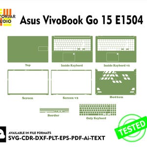 May include: A green and white digital template for an Asus VivoBook Go 15 E1504 laptop. The template includes outlines for the top, screen, keyboard, bottom, border, and keyboard only.