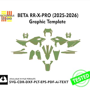 Könnte beinhalten: Eine Grafikvorlage für ein Beta RR-X-PRO (2025-2026) Motorrad mit grünen und beigefarbenen Teilen. Das Bild enthält das Vectorjar Studio-Logo, Dateiformatinformationen und einen "GETESTET"-Stempel.
