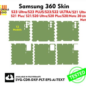 May include: A green and white digital phone skin template for Samsung phones. The template includes 12 different models, including the S23 Ultra, S23 Plus, S23, S22 Ultra, S21 Ultra, S21 Plus, S21, S20 Ultra, S20 Plus, S20, and Note 20 Ultra. The template is available in SVG, CDR, DXF, PLT, EPS, AI, and TEXT formats.