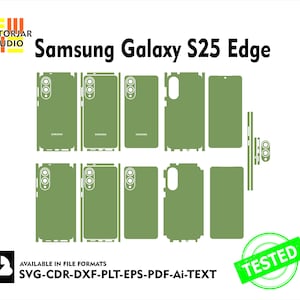 Könnte beinhalten: Eine digitale Illustration von grünen Handy-Skins für das Samsung Galaxy S25 Edge. Das Bild enthält mehrere Handy-Skin-Vorlagen, ein Logo und den Text "Samsung Galaxy S25 Edge". Das Bild enthält auch den Text "TESTED" und Dateiformatoptionen.