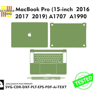 May include: A green outline of a 15-inch MacBook Pro laptop, with the model numbers A1707 and A1990, and the years 2016, 2017, and 2019. The text "MacBook Pro (15-inch 2016 2017 2019) A1707 A1990" is in black text. The text "AVAILABLE IN FILE FORMATS SVG-CDR-DXF-PLT-EPS-PDF-Ai-TEXT" is in black text. A green circle with the word "TESTED" in white text is in the lower right corner.